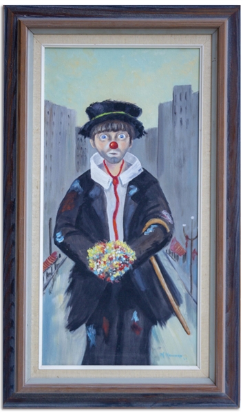Oil Painting of Moe Howard as a Clown, Painted by His Wife Helen -- Painting Hung in the Howards Wet Bar, With Two 7'' x 5'' Photos Included -- Painting Measures 18'' x 30'' in Frame -- Near Fine